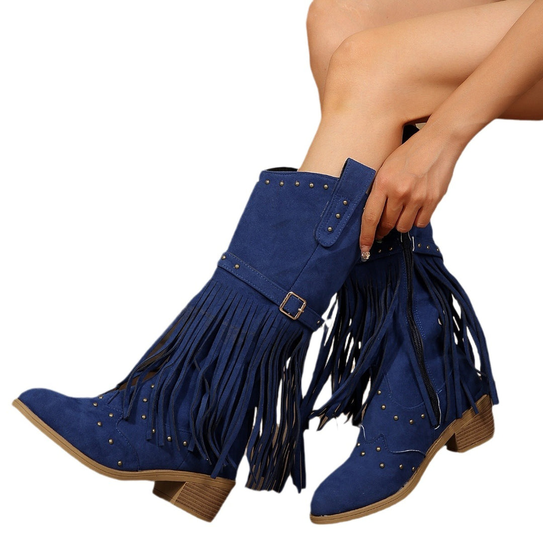 Damen Fransen-Stiefel mit Nietenverzierungen und Blockabsatz EB