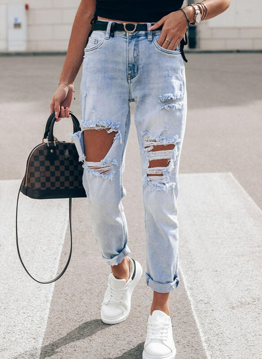 Damen Ripped Boyfriend Jeans im lässigen Vintage-Stil mit hohem Bund EB