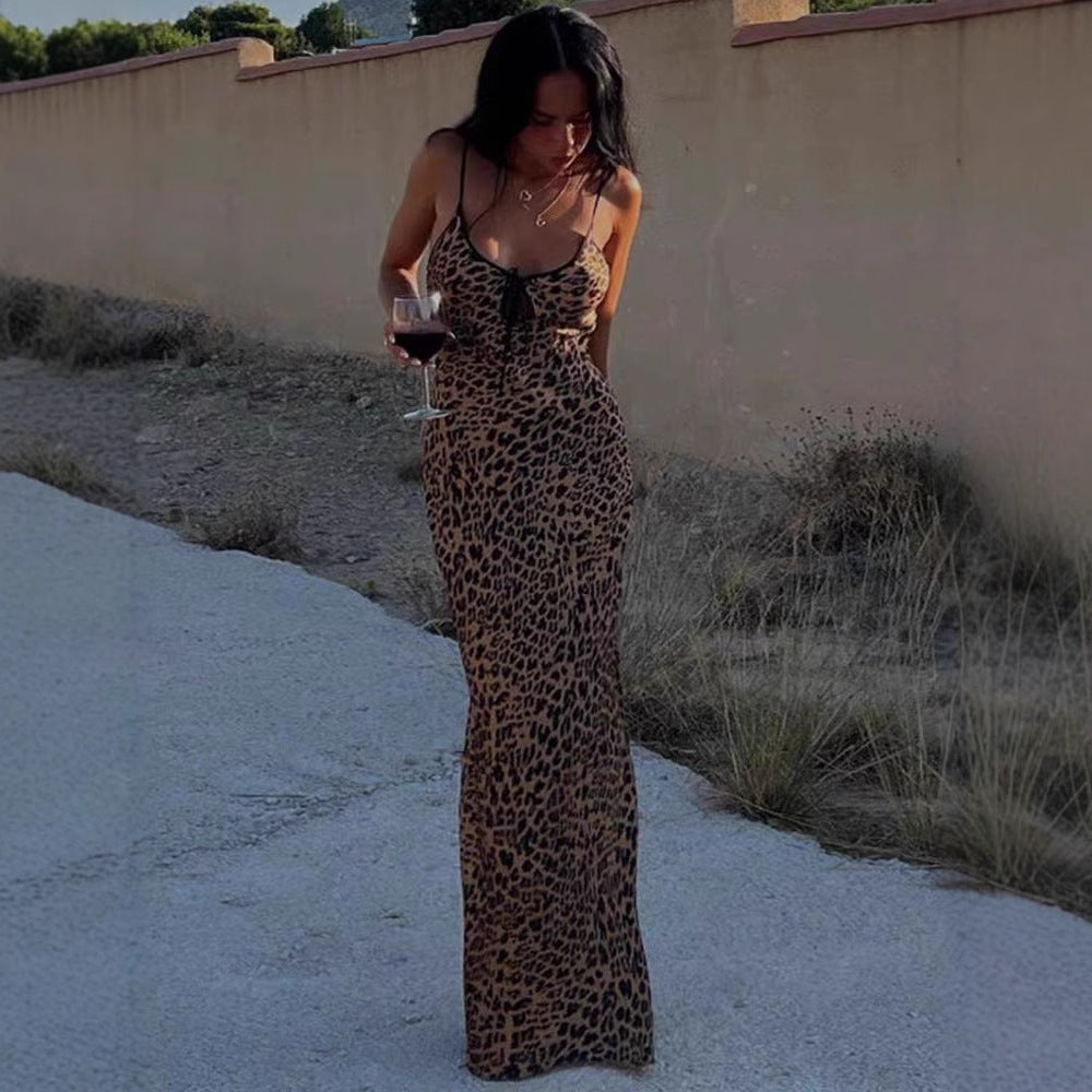 Damen Figurbetontes Maxikleid mit Leopardenmuster und raffiniertem Schnür-Detail EB