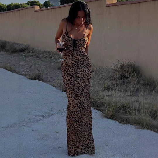 Damen Figurbetontes Maxikleid mit Leopardenmuster und raffiniertem Schnür-Detail EB