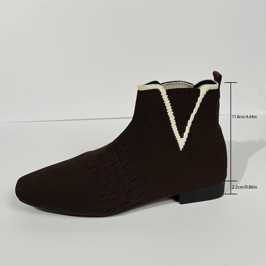 Damen nan gestrickte Sock-Stiefelette mit elastischem V-Einsatz, Zugschlaufe und flachem Blockabsatz EB