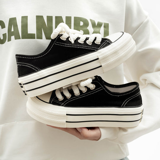 Damen Plattform Sneakers mit hochwertigem Canvas-Obermaterial und elastischen Schnürsenkeln EB