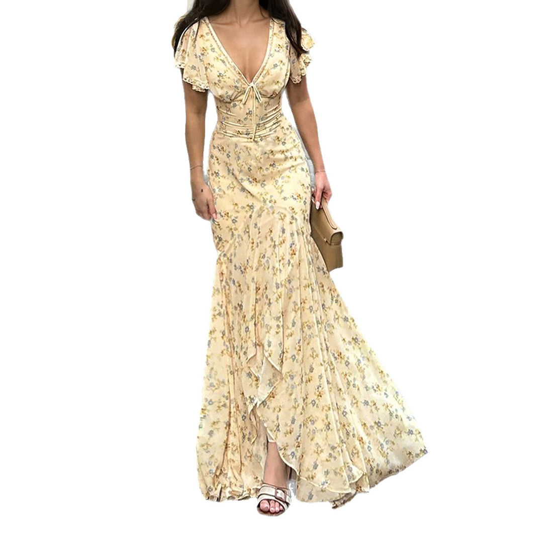 Damen Maxikleid mit romantischem Blumenmuster und verspieltem V-Ausschnitt EB