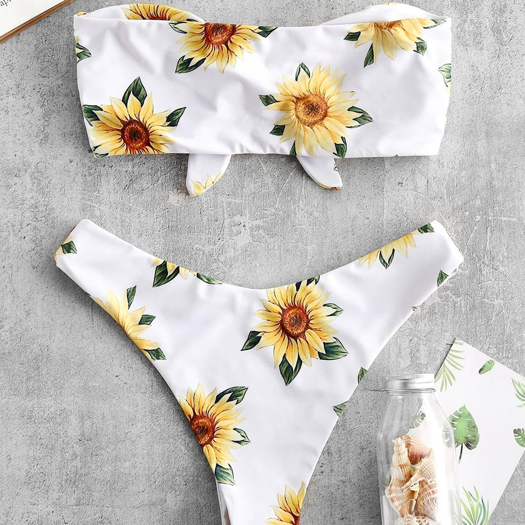 Damen Bandeau-Bikini mit floralem Design und praktischen Knoten EB