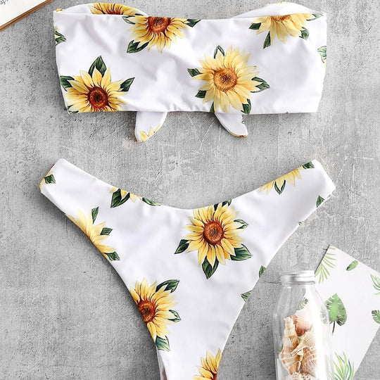 Damen Bandeau-Bikini mit floralem Design und praktischen Knoten EB