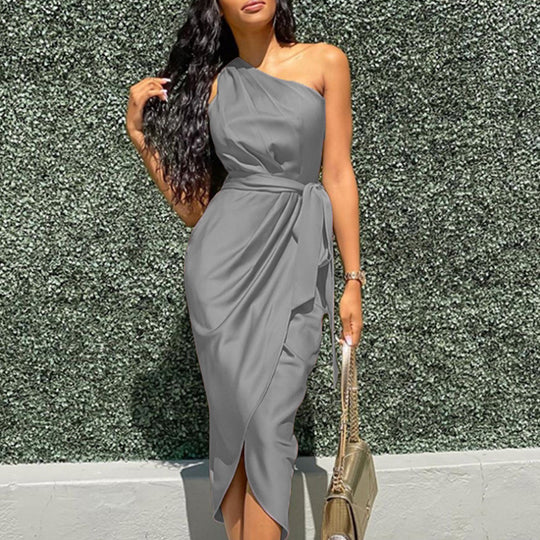 Damen Elegantes Wickelkleid mit asymmetrischem Schnitt und Taillengürtel EB