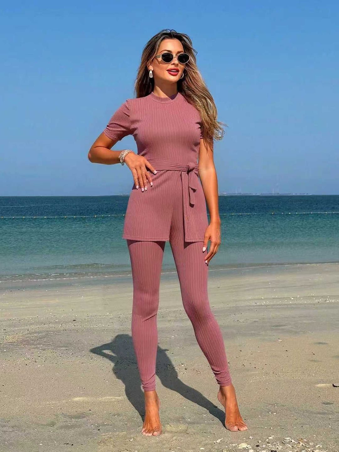 Damen sportliches Lounge-Set mit Bindegürtel EB