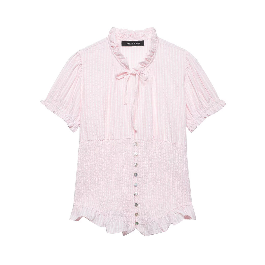 Damen Rüschenbluse mit geschlitztem Kragen und Knopfdetails EB