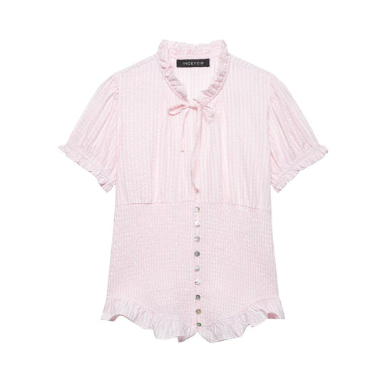 Damen Rüschenbluse mit geschlitztem Kragen und Knopfdetails EB