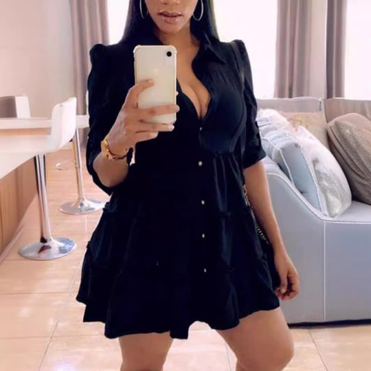 Damen Hemdblusenkleid mit voluminösem Saum und langen Ärmeln EB