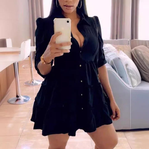 Damen Hemdblusenkleid mit voluminösem Saum und langen Ärmeln EB