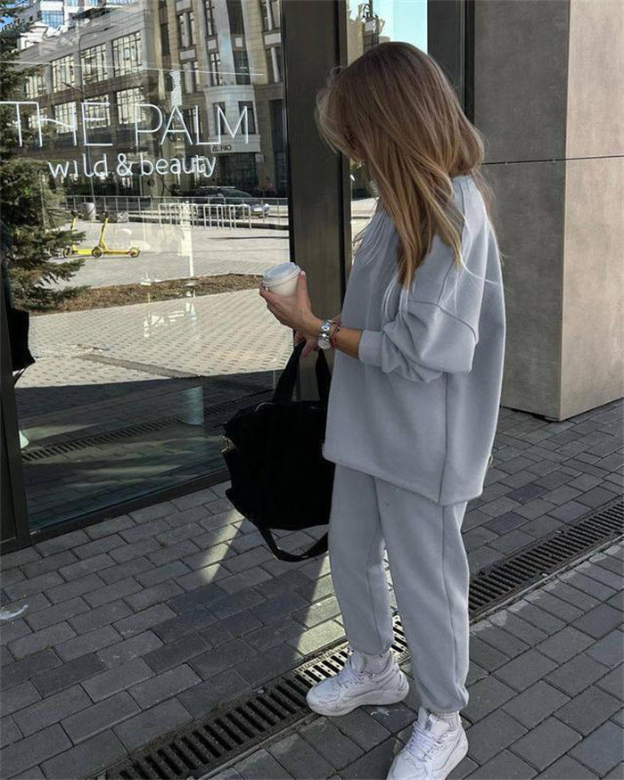 Damen Oversize-Loungewear-Set mit verlängertem Rundhals-Sweater und elastischer Bündchen-Jogginghose EB