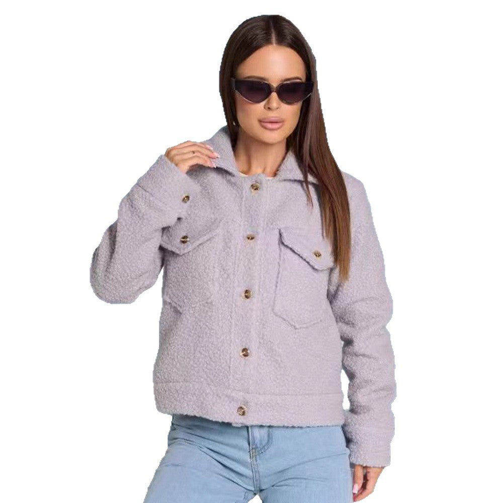 Damen kuschelige Fleecejacke mit aufgesetzten Taschen und Knopfdetails EB