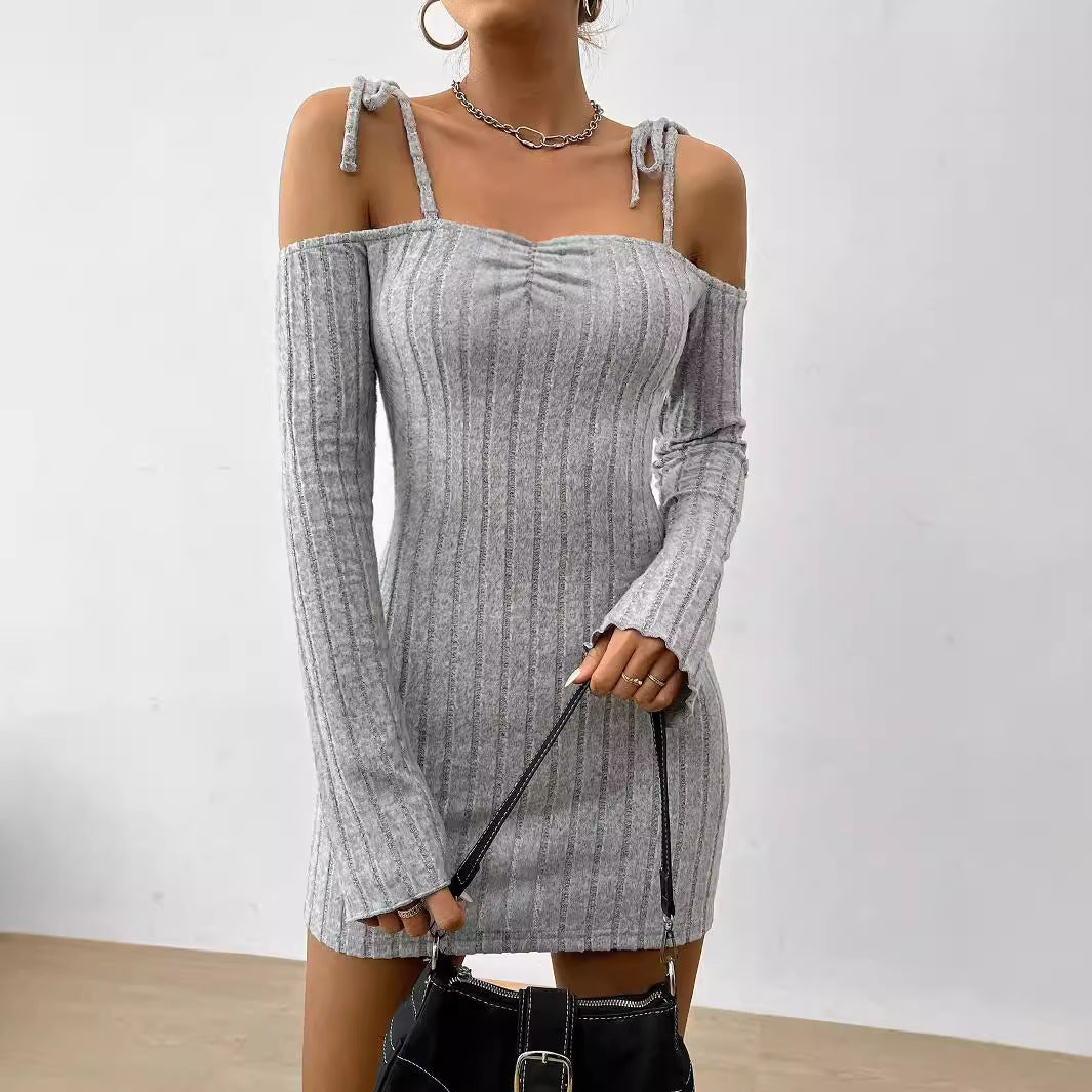 Damen geripptes One-Shoulder-Strickminikleid mit Bindeträgern taillierter Bodycon-Passform Eichborn Berlin