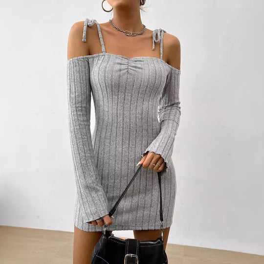 Damen geripptes One-Shoulder-Strickminikleid mit Bindeträgern taillierter Bodycon-Passform Eichborn Berlin