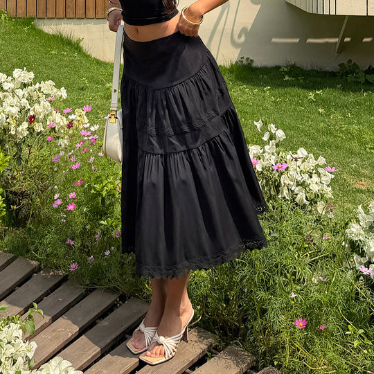 Damen eleganter gestufter Rock mit Spitzendetails EB