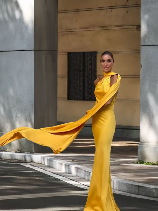 Damen Elegantes und fließendes Abendkleid mit asymmetrischem Ausschnitt EB