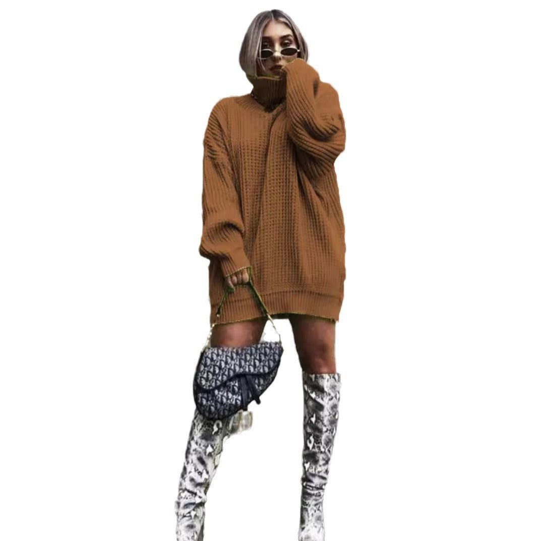 Damen Oversized Strickpullover mit hohem Kragen und Waffelmuster EB