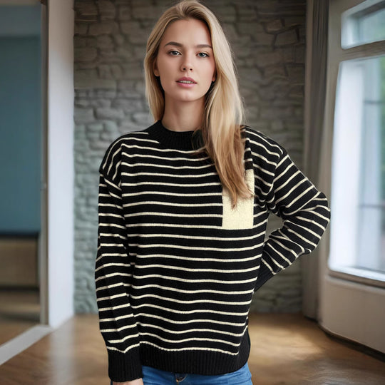Damen lässiger Strickpullover mit breitem Streifenmuster und überschnittenen Schultern EB