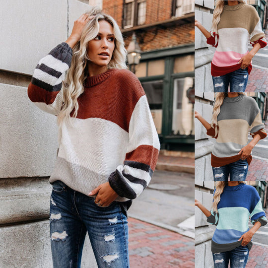 Damen lässiger Strickpullover mit modischem Farbblockdesign EB