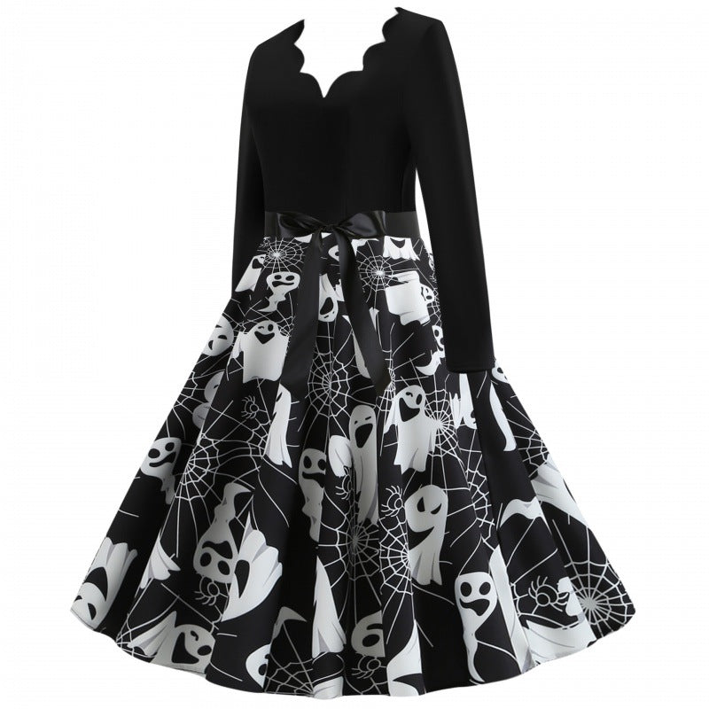 Damen Swingkleid mit wellenförmigem Ausschnitt, langärmligem Oberteil und Geister-Print mit Taillenschleife EB
