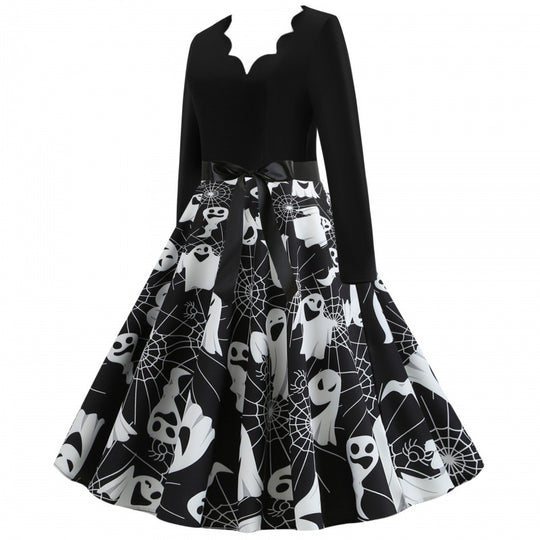 Damen Swingkleid mit wellenförmigem Ausschnitt, langärmligem Oberteil und Geister-Print mit Taillenschleife EB