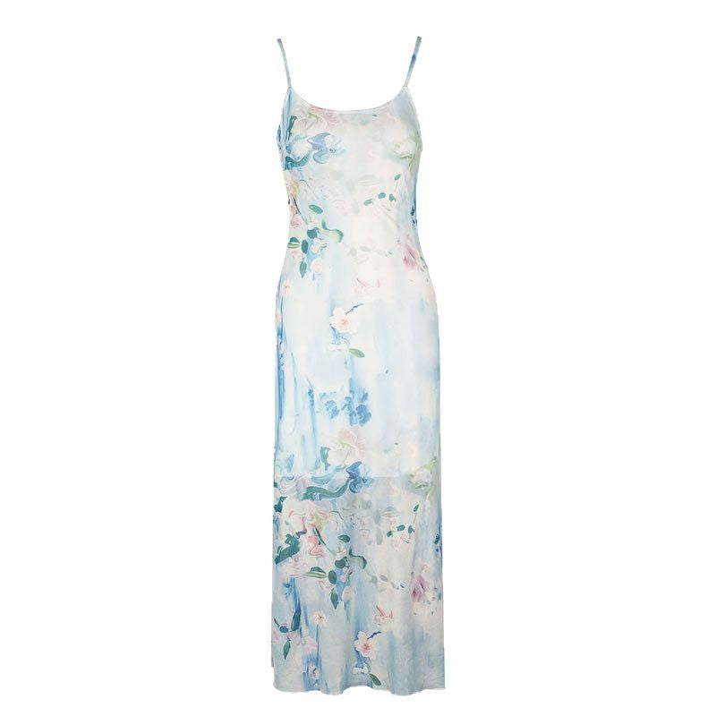 Damen fließendes Maxikleid mit Spaghettiträgern und floralem Druck EB