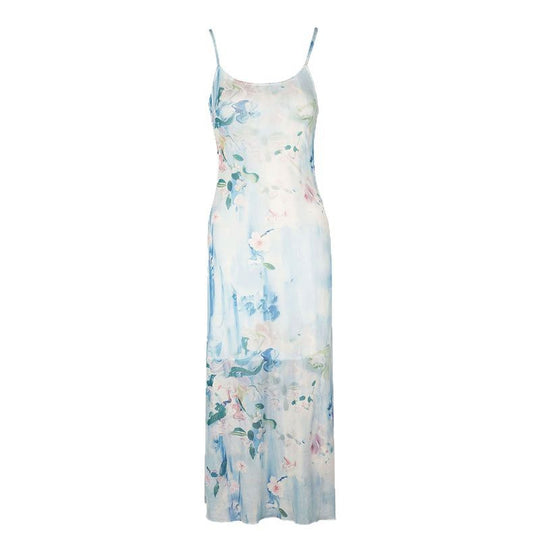 Damen fließendes Maxikleid mit Spaghettiträgern und floralem Druck EB