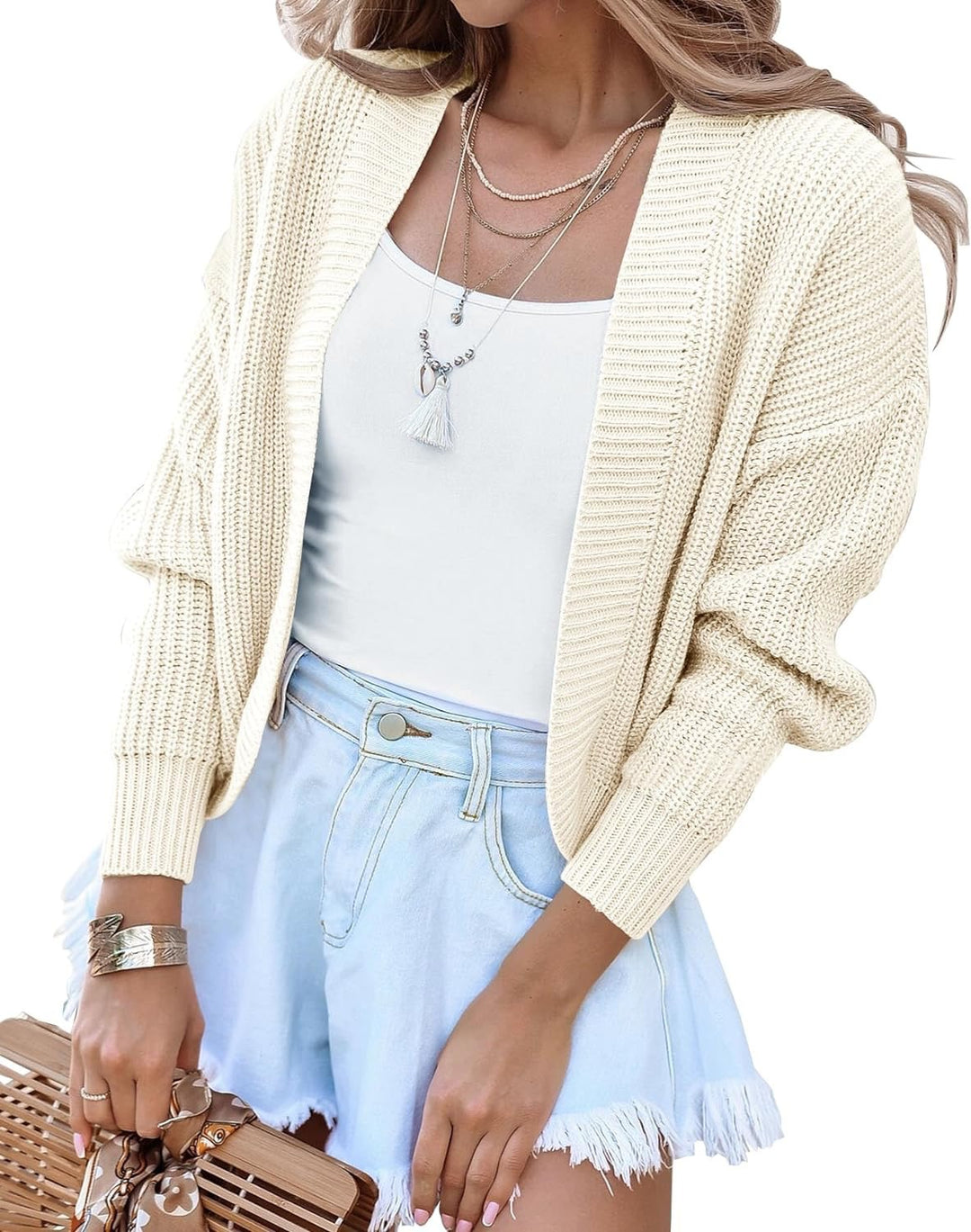 Damen Grobstrickcardigan mit weiten Ärmeln und offener Front EB