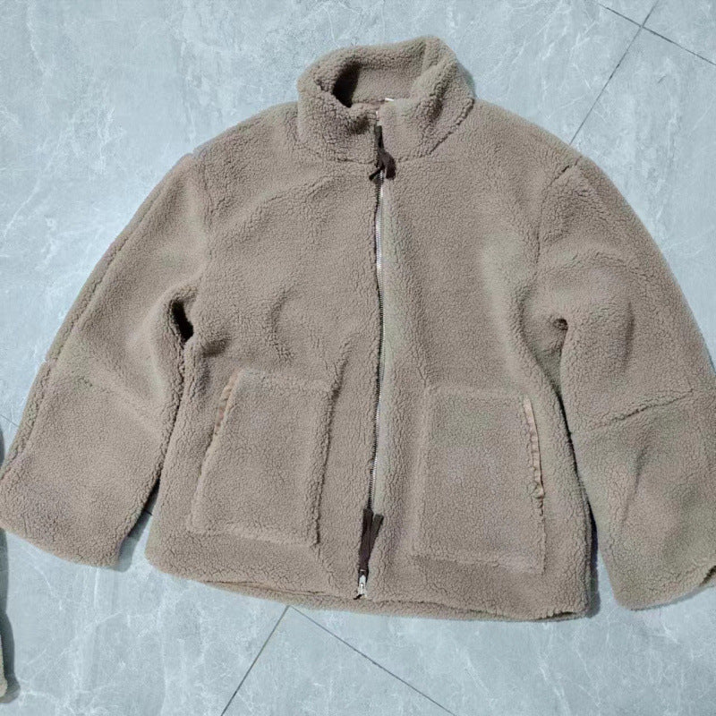 Damen Kuschelige Teddyfelljacke mit hohen Kragen und Reißverschluss EB