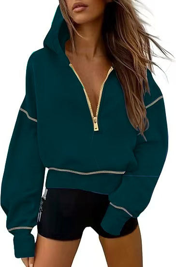 Damen nan cropped Kapuzenpullover mit halbem Reißverschluss und voluminösen Ballonärmeln EB