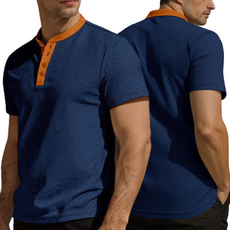 Herren nan schlankes Kurzarm-Henley-Poloshirt mit Mandarin-Kragen und feiner Jacquardstruktur EB