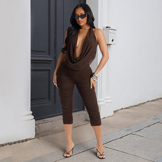 Damen Eleganter und figurbetonter Jumpsuit mit tiefem V-Ausschnitt und Raffungen EB