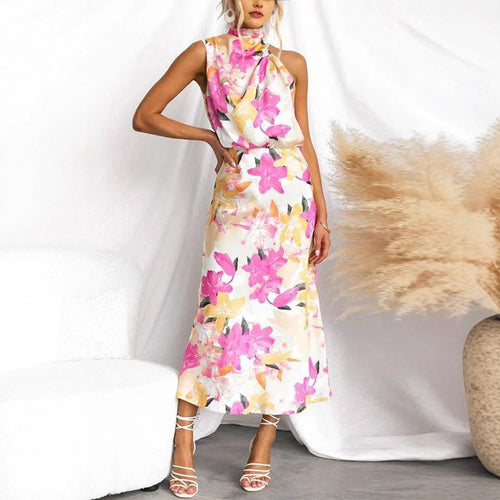 Damen Maxikleid mit asymmetrischem Oberteil und floralem Druck EB