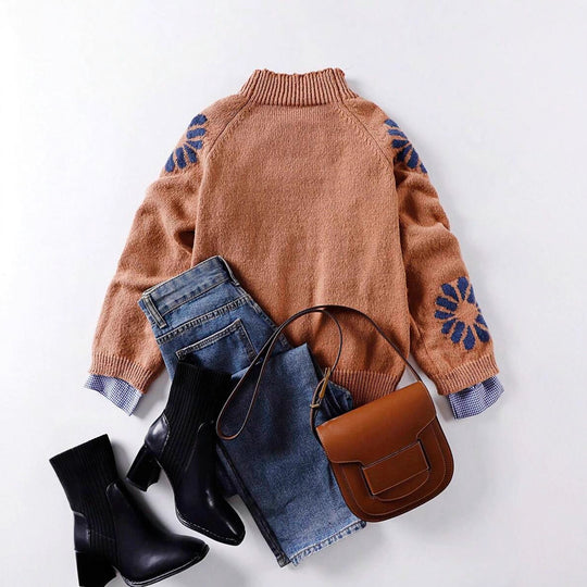 Damen Strickpullover mit floralem Motiv und modernem Rundhalsausschnitt EB