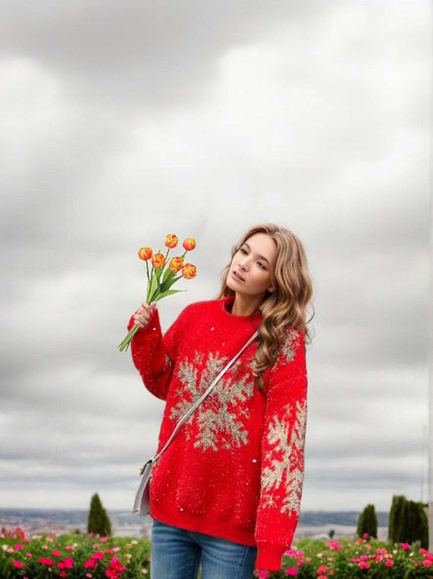 Damen Oversized Strickpullover mit festlichem Design EB