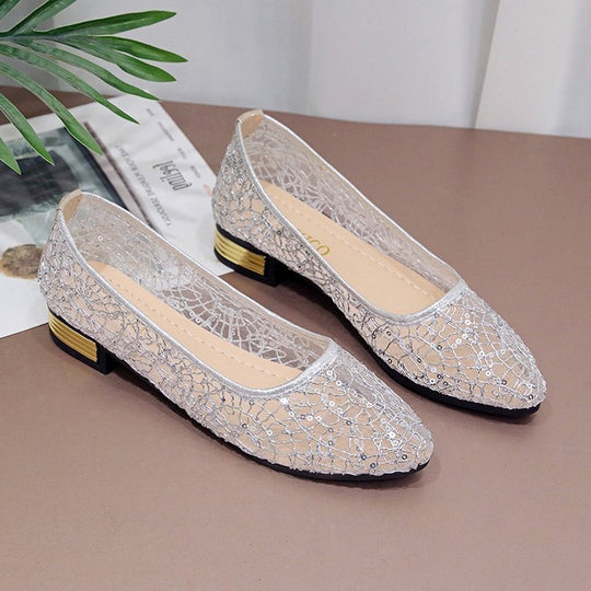 Damen elegante Ballerinas mit glitzernder Spitze und geschmackvollem Absatz EB