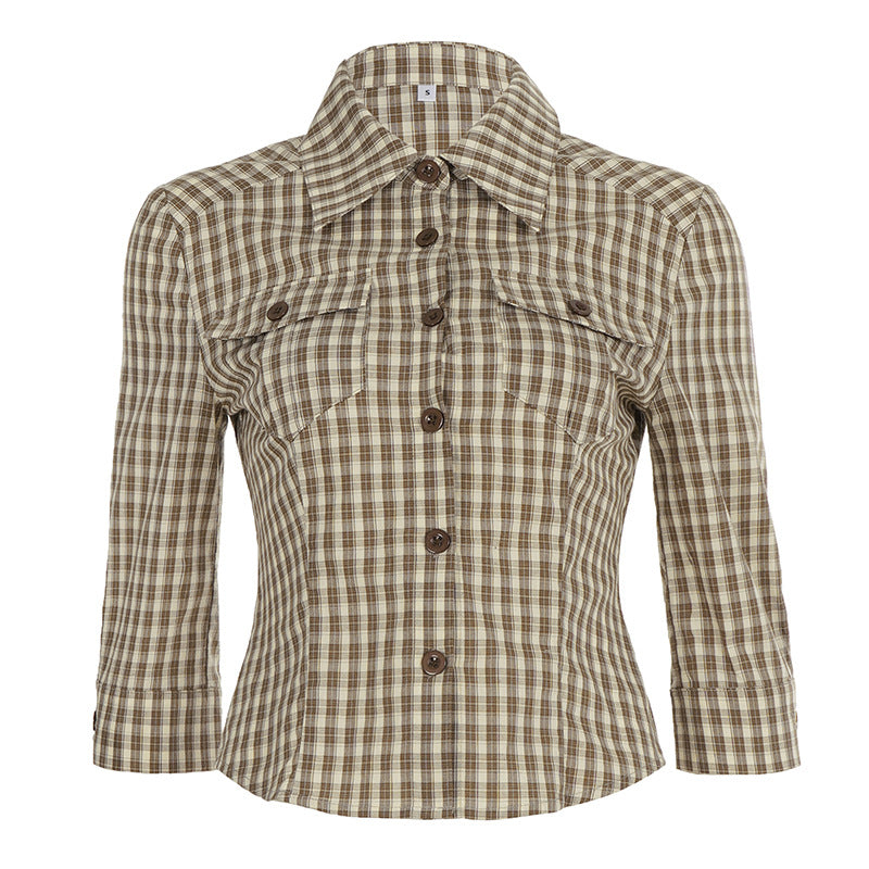 Damen nan taillierte Dreiviertelarm Karobluse mit Brustpattentaschen und Hemdkragen EB