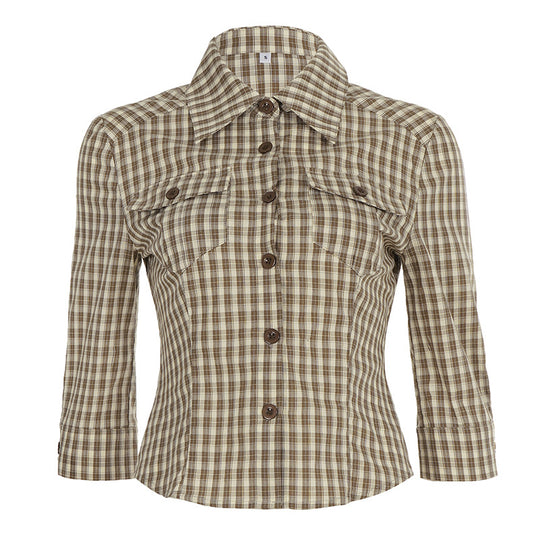 Damen nan taillierte Dreiviertelarm Karobluse mit Brustpattentaschen und Hemdkragen EB
