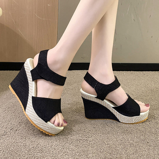 Damen Wedge-Sandalen mit elastischem Riemendesign und geflochtenem Absatz EB