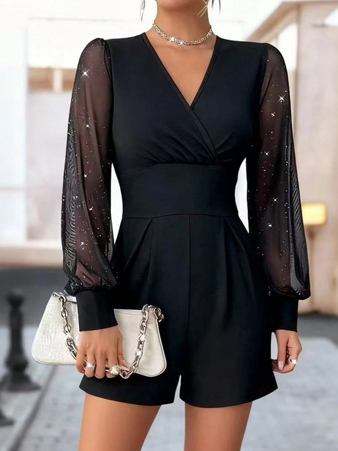 Damen eleganter Jumpsuit mit transparenten Puffärmeln und V-Ausschnitt EB