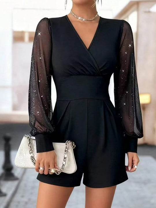 Damen eleganter Jumpsuit mit transparenten Puffärmeln und V-Ausschnitt EB