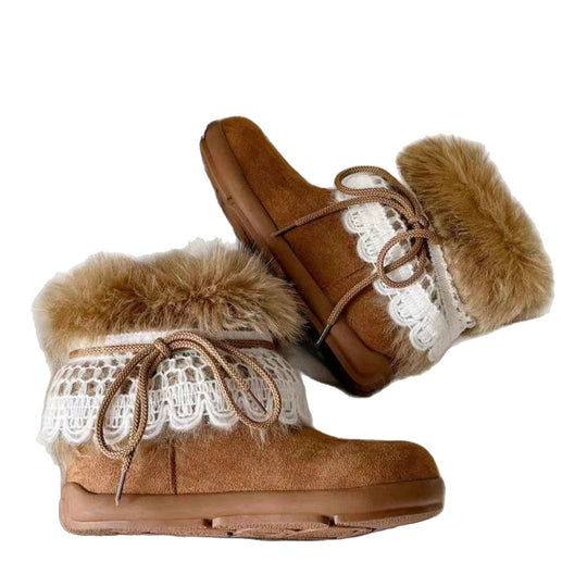 Damen Winter Stiefel mit flauschigem Kragen und elegantem Spitzenbesatz EB