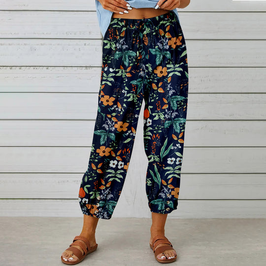 Damen lässige Pant mit floralem Druck und praktischen Knöpfen EB