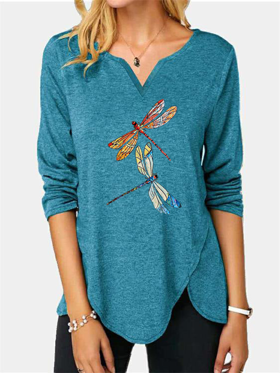 Damen V-Ausschnitt Langarmshirt mit Drachenfliegen-Print EB