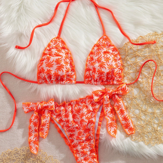 Damen Triangel-Bikini mit verspielten Bindebändern und floralem Design EB
