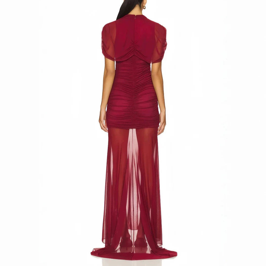 Damen Elegantes Cocktailkleid mit gerafftem Design und transparenter Schicht EB
