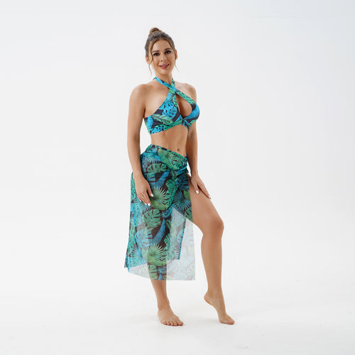 Damen Bikini-Set mit raffiniertem Wickelrock und tropischem Design EB