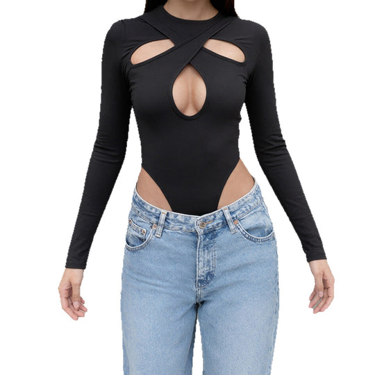 Damen Langarm Bodysuit mit raffiniertem Kreuz-Design und Hochbund EB