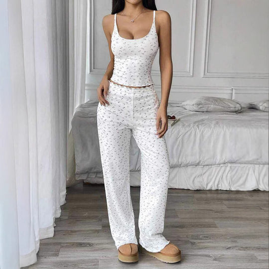 Damen Gemütliches Schlafanzug-Set mit verziertem Top und weiten Hosen EB